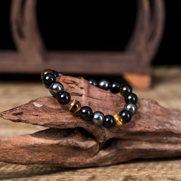 Natural Stone Bracelet: Tiger's Eye, Hematite & Black Obsidian