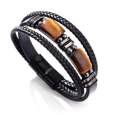 Men's Black Leather Tiger’s Eye Bracelet - Modern Elegance - Artena
