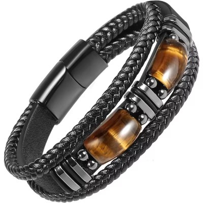 Men's Black Leather Tiger’s Eye Bracelet - Modern Elegance - Artena