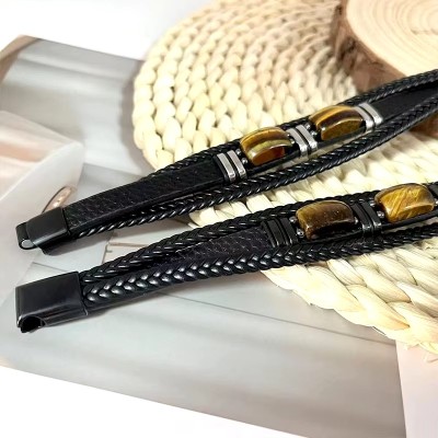 Men's Black Leather Tiger’s Eye Bracelet - Modern Elegance - Artena