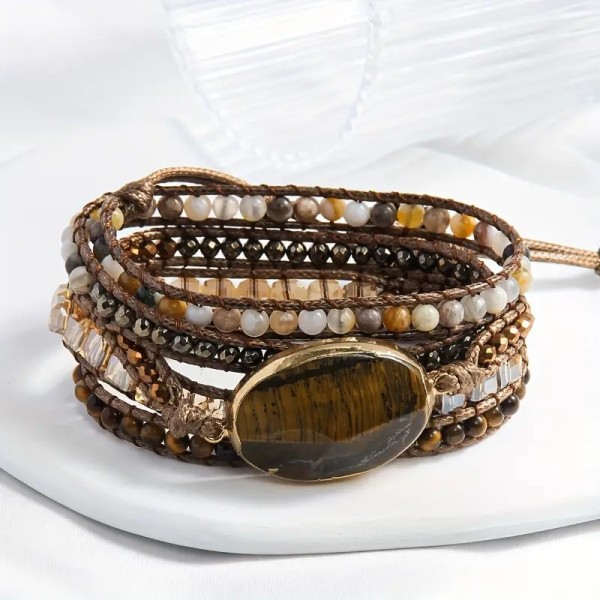 Bohemian Style Natural Stone Tiger Eye Bracelet - 5 Layers Wrap, Adjustable Fit