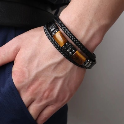 Men's Black Leather Tiger’s Eye Bracelet - Modern Elegance - Artena
