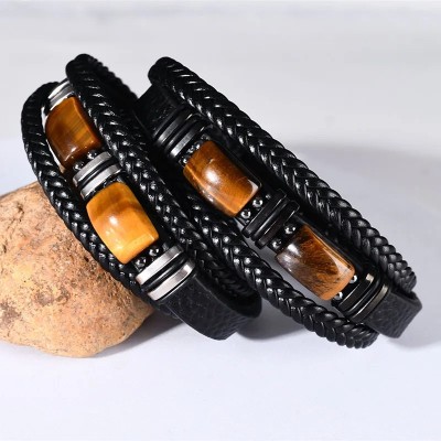 Men's Black Leather Tiger’s Eye Bracelet - Modern Elegance - Artena