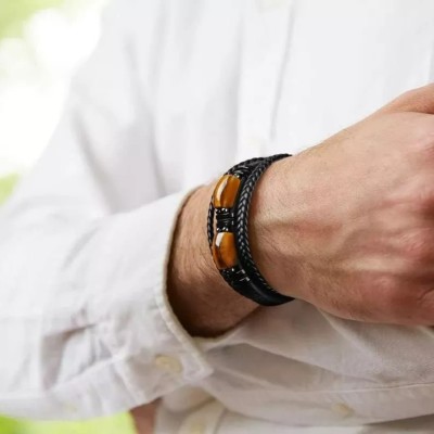 Men's Black Leather Tiger’s Eye Bracelet - Modern Elegance - Artena