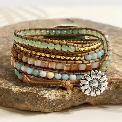 Bohemian Style Natural Stone Turquoise Wrap Bracelet - 5 Layers Wrap, Adjustable Fit