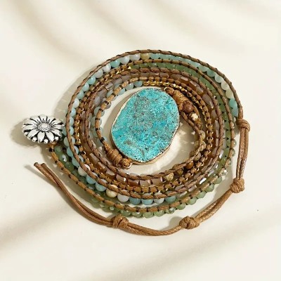 Bohemian Style Natural Stone Turquoise Wrap Bracelet - 5 Layers Wrap, Adjustable Fit