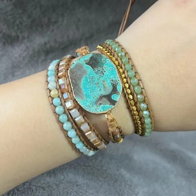 Bohemian Style Natural Stone Turquoise Wrap Bracelet - 5 Layers Wrap, Adjustable Fit