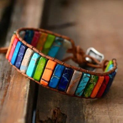 Tibetan Leather Bracelet with Multicolored Natural Stones - Artena
