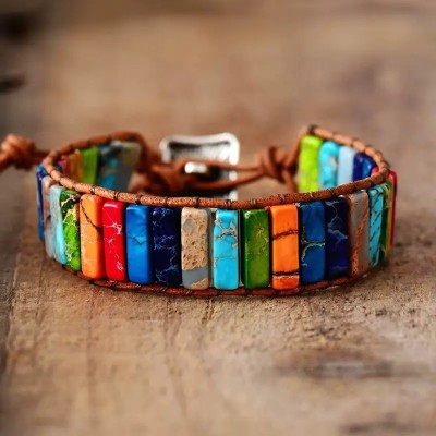 Tibetan Leather Bracelet with Multicolored Natural Stones - Artena