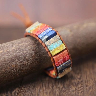 Tibetan Leather Bracelet with Multicolored Natural Stones - Artena
