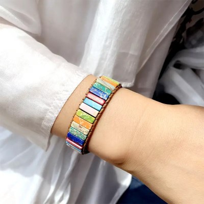Tibetan Leather Bracelet with Multicolored Natural Stones - Artena